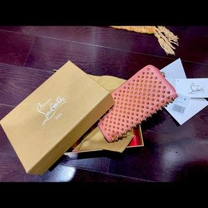 Authentic Christian Louboutin panettone pink wallet with gold spikes